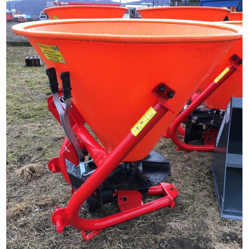 Dexwal - rozsiewacz 200L lejkowy jednotalerzowy na TUZ, Przekładnia bezobsługowa, szerokość robocza 4-14m