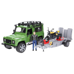 Land Rover Defender z przyczepą + motocykl + figurka motocyklisty 02589  Zabawka Bruder
