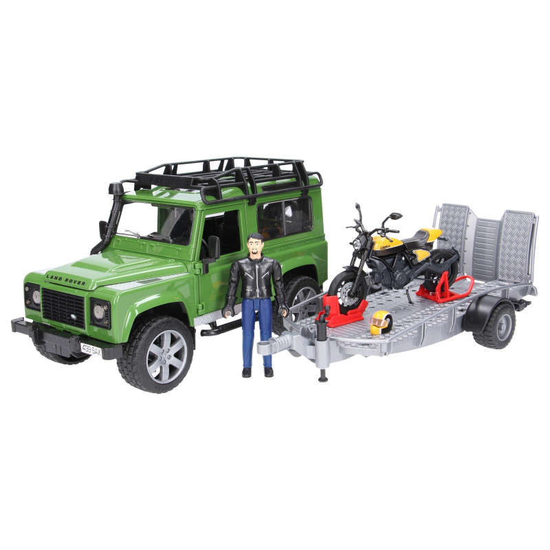 Land Rover Defender z przyczepą + motocykl + figurka motocyklisty 02589 Zabawka Bruder Land Rover Defender z przyczepą + motocykl + figurka motocyklisty 02589 Zabawka Bruder