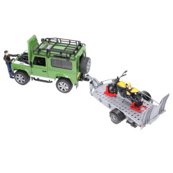 Land Rover Defender z przyczepą + motocykl + figurka motocyklisty 02589  Zabawka Bruder