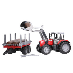 ZESTAW Traktor Massey Ferguson 7480 z ładowaczem, przyczepą do wywozu drzewa i pniami 02046 Zabawka Bruder