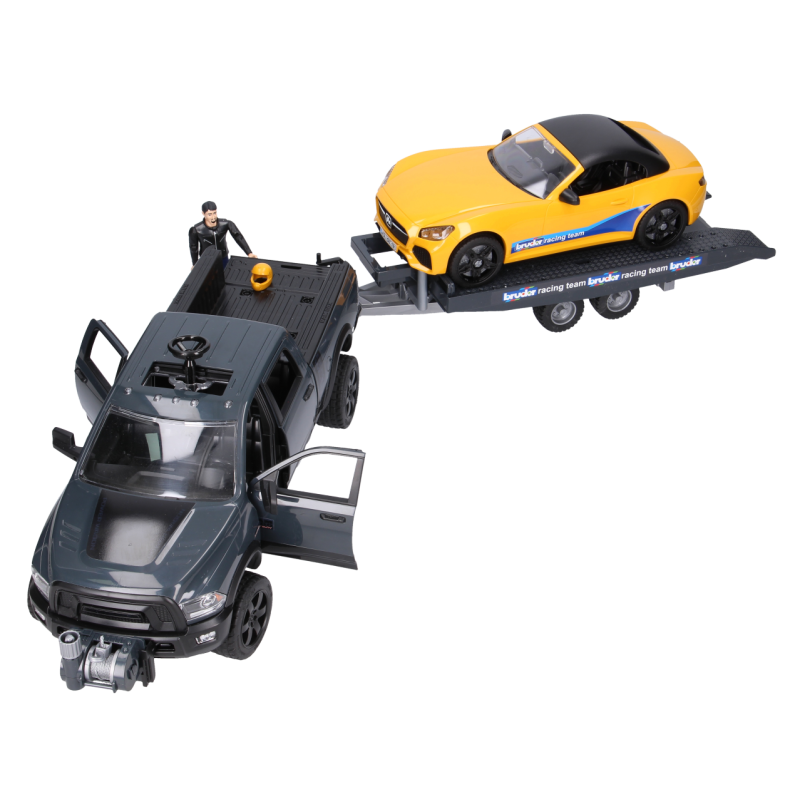 Zestaw Dodge RAM2500 z lawetą i autem Roadster + kierowca 02504 Zabawka Bruder