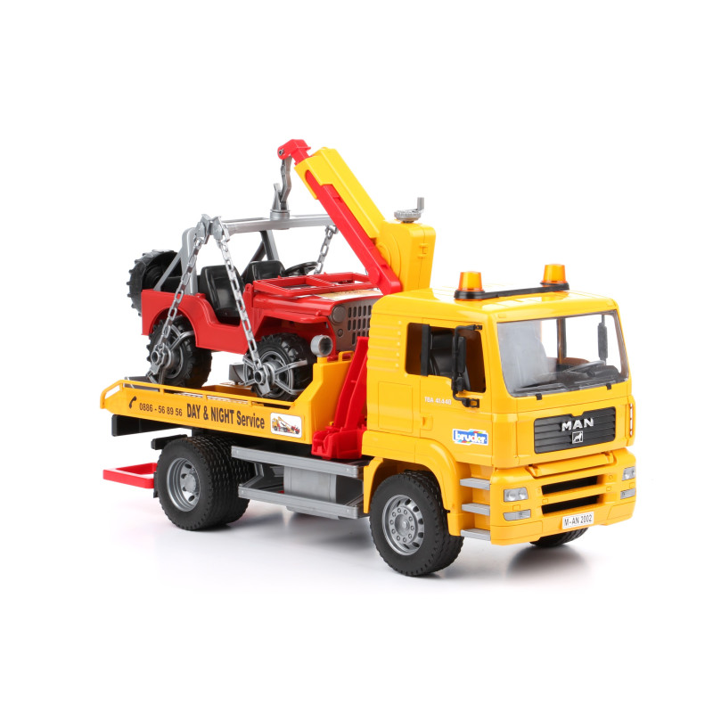 MAN TGS pomoc drogowa z samochodem JEEP  02750 Zabawka Bruder